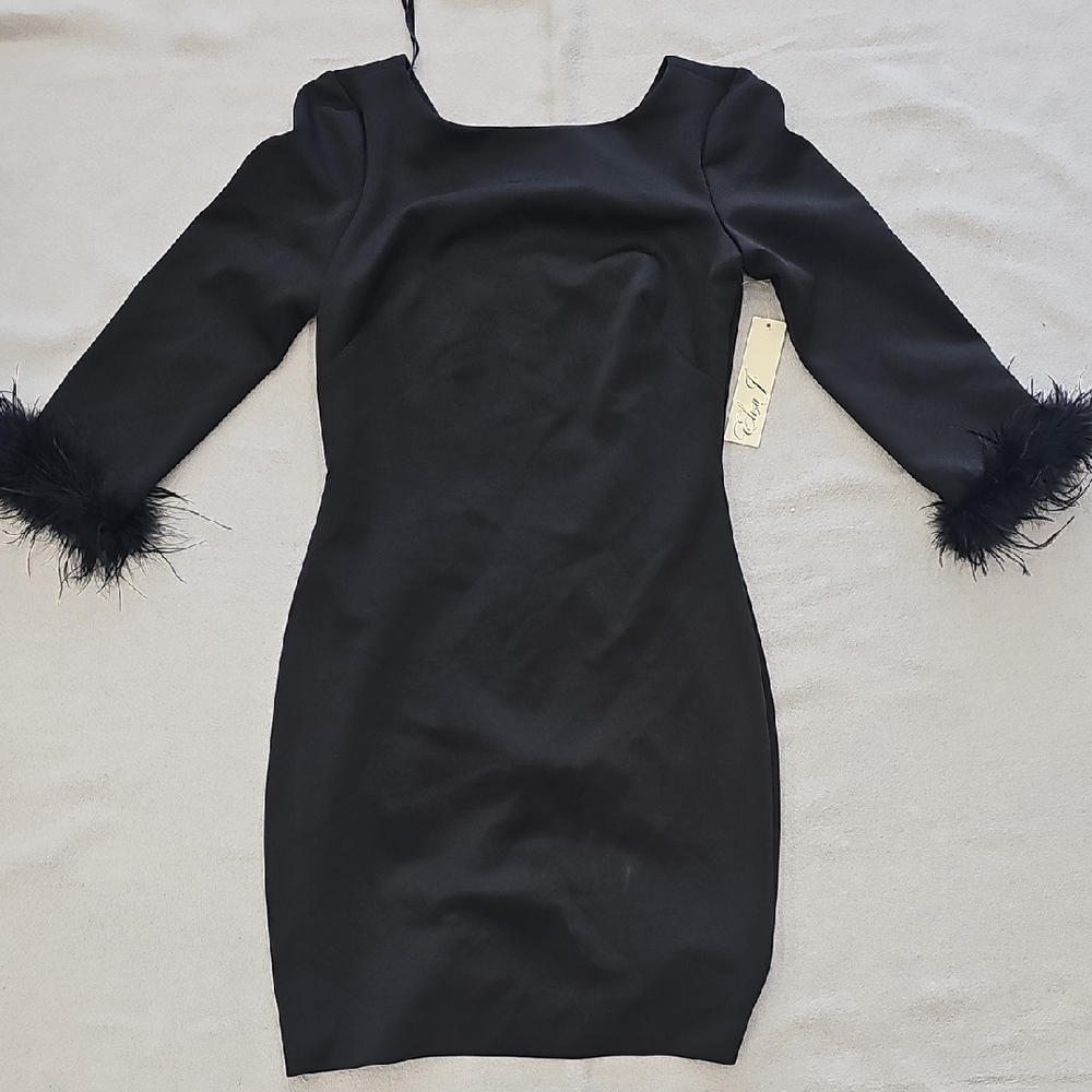 Eliza J Black Dress with Feathered Cuffs